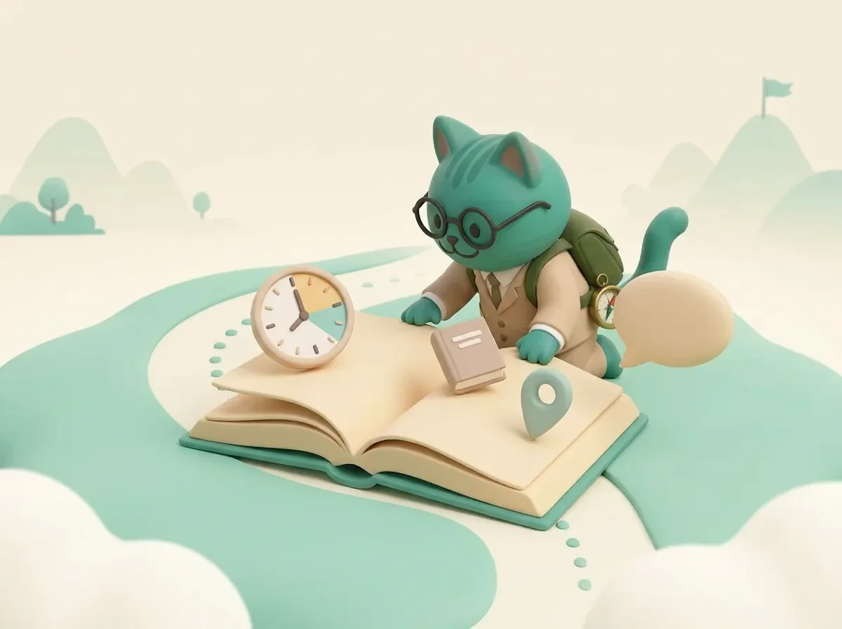 Кот Боб читает книгу с подсказками по английским темам.